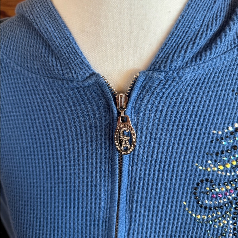 Christine Alexander Cobalt Hooded Zip Sweater with Rhinestone Pull - Picture 3 of 9